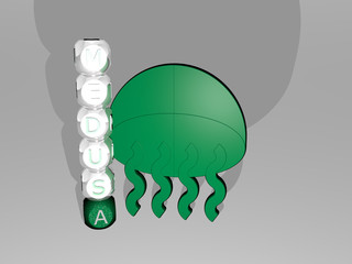 3D representation of medusa with icon on the wall and text arranged by metallic cubic letters on a mirror floor for concept meaning and slideshow presentation, 3D illustration