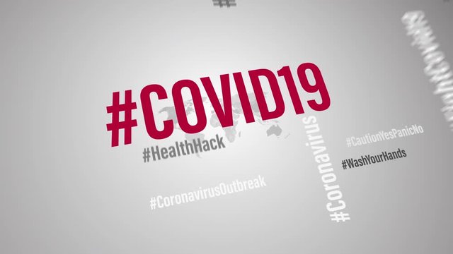 4K animation COVID19 world hashtag 3D illustration word cloud background concept. COVID 19 and Coronavirus tag cloud on world map background. Abstract Corona virus  campaign background concept. 