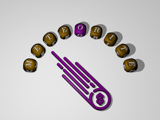meteorite icon surrounded by the text of individual letters, 3D illustration