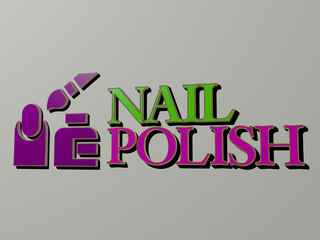 3D representation of nail polish with icon on the wall and text arranged by metallic cubic letters on a mirror floor for concept meaning and slideshow presentation, 3D illustration