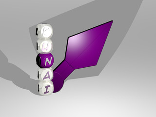 3D representation of kunai with icon on the wall and text arranged by metallic cubic letters on a mirror floor for concept meaning and slideshow presentation, 3D illustration