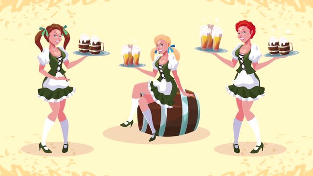 oktoberfest celebration animation with sexi german girls serving beers in barrel
