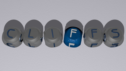 CLIFFS text by cubic dice letters, 3D illustration