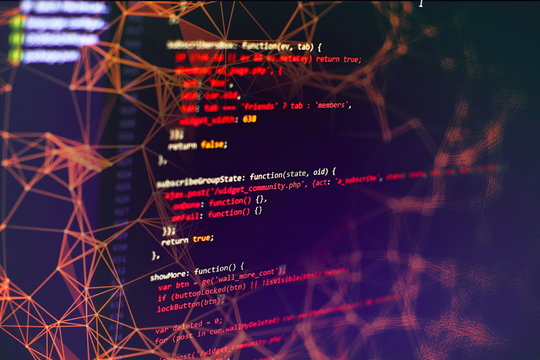 Web programming functions on laptop on laptop. IT business. Python code computer screen. Mobile application design Concept.