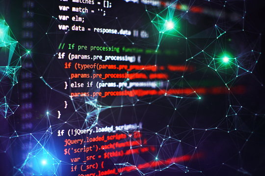 Web programming functions on laptop on laptop. IT business. Python code computer screen. Mobile application design Concept.