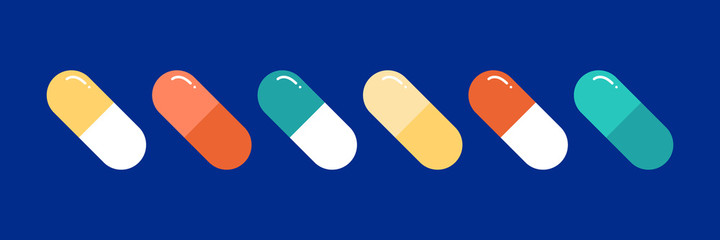 Colorful pills, medications, capsule vitamin icons set, collection.