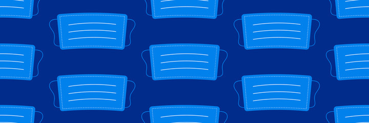 Medical face mask, protection measure during coronavirus wide horizontal vector seamless pattern background.