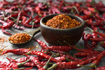 Cayenne pepper (Ground chili) and dried chili on a black background,copy space.