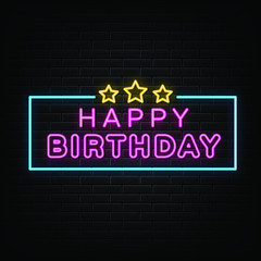 Obraz premium Happy birth day neon signs vector. Design template neon sign