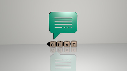 CHAT text of cubic dice letters on the floor and 3D icon on the wall, 3D illustration