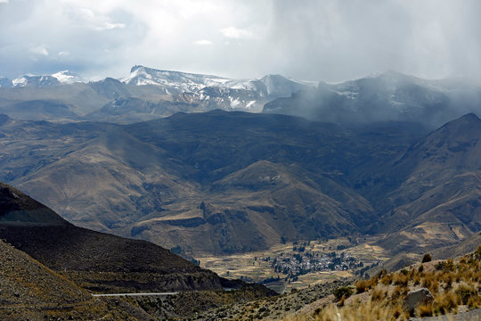 View of Chivay and Colca Valley, with the Andes in the Background. Highlands of Peru.