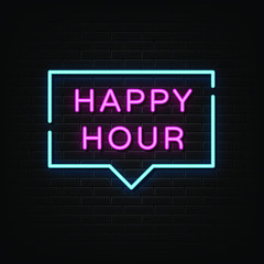 Obraz premium Happy hour neon signs vector. Design template neon sign