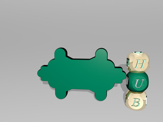 hub 3D icon beside the vertical text of individual letters, 3D illustration