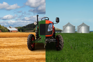 Half an old tractor and half a new modern tractor. Agricultural machinery development