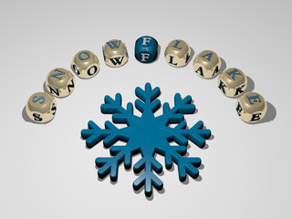 SNOWFLAKE 3D icon surrounded by the text of cubic letters, 3D illustration