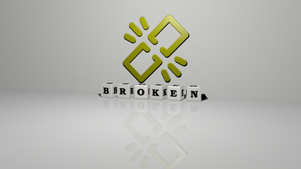 Fototapeta premium BROKEN text of cubic dice letters on the floor and 3D icon on the wall, 3D illustration