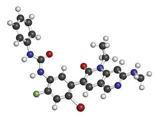 Ripretinib cancer drug molecule. 3D rendering. Atoms are represented as spheres with conventional color coding: hydrogen (white), carbon (grey), nitrogen (blue), oxygen (red), bromine (brown), etc