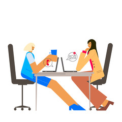 Procrastination and delaying working tasks concept. Two women are talking instead of working.