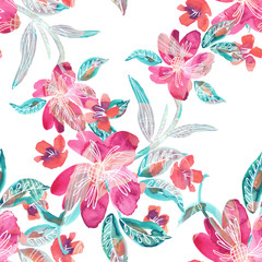 Fototapeta na wymiar Summer Flowers Seamless Pattern. Watercolor Background. Hand Painted Illustration.