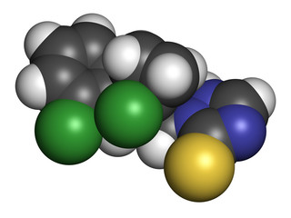 Prothioconazole fungicide molecule. 3D rendering. Atoms are represented as spheres with conventional color coding: hydrogen (white), carbon (grey), nitrogen (blue), oxygen (red), chlorine (green), etc