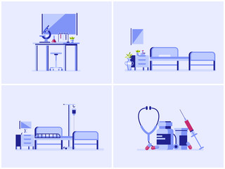 Healthcare and medical interior illustration set. Hospital, operation bed, laboratory, stethoscope. 