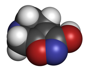 Gaboxadol drug molecule. 3D rendering. Atoms are represented as spheres with conventional color coding: hydrogen (white), carbon (grey), nitrogen (blue), oxygen (red).