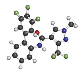 Fluxapyroxad fungicide molecule. 3D rendering. Atoms are represented as spheres with conventional color coding: hydrogen (white), carbon (grey), nitrogen (blue), oxygen (red), fluorine (light green).