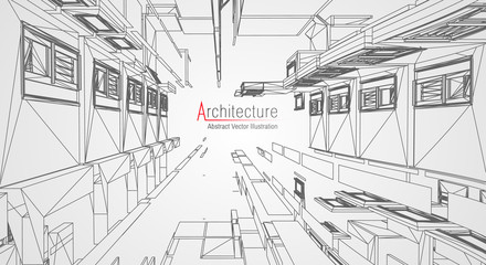 Fototapeta na wymiar Architecture line background. Building construction sketch vector abstract. Modern city 3d project. Technology geometric grid. Wire blueprint house. Digital architect innovation wireframe.