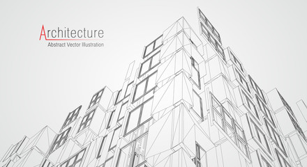 Architecture line background. Building construction sketch vector abstract. Modern city 3d project. Technology geometric grid. Wire blueprint house. Digital architect innovation wireframe. - obrazy, fototapety, plakaty