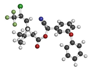 Cyhalothrin insecticide molecule. 3D rendering. Atoms are represented as spheres with conventional color coding: hydrogen (white), carbon (grey), nitrogen (blue), oxygen (red), etc