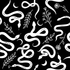 Seamless pattern with snakes, wildflowers and moon on black background. Botanical background on tropical theme. Black and white snake. Boho flat design for fabric, textile, wrapping paper, wallpaper