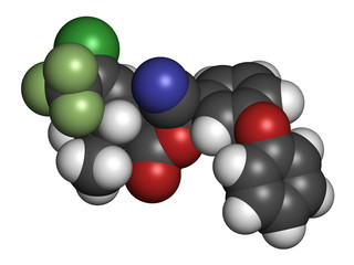 Cyhalothrin insecticide molecule. 3D rendering. Atoms are represented as spheres with conventional color coding: hydrogen (white), carbon (grey), nitrogen (blue), oxygen (red), etc