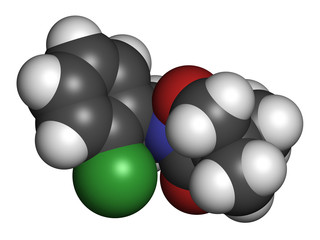 Clomazone herbicide molecule. 3D rendering. Atoms are represented as spheres with conventional color coding: hydrogen (white), carbon (grey), nitrogen (blue), oxygen (red), chlorine (green).