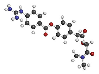 Camostat drug molecule. Serine protease inhibitor, investigated for treatment of Covid-19. 3D rendering. Atoms are represented as spheres with conventional color coding: hydrogen (white), etc