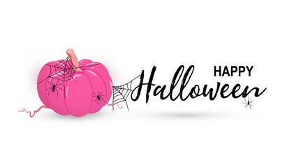 Vector Happy Halloween day greeting card with pink pumpkin, net, spiders isolated on white background. Pink Halloween typography poster with text and decorative elements. Calligraphy lettering quote.