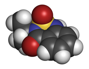 Bentazon herbicide molecule. 3D rendering. Atoms are represented as spheres with conventional color coding: hydrogen (white), carbon (grey), nitrogen (blue), oxygen (red), sulfur (yellow).