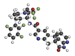 Atogepant migraine drug molecule (CGRP inhibitor). 3D rendering. Atoms are represented as spheres with conventional color coding: hydrogen (white), carbon (grey), nitrogen (blue), oxygen (red), etc