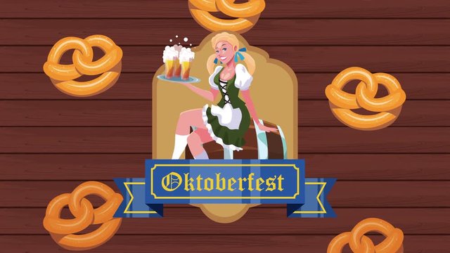 oktoberfest celebration animation with sexi german girl serving beers and pretzels