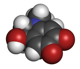 Adrenochrome molecule. Oxidation product of adrenaline. 3D rendering. Atoms are represented as spheres with conventional color coding: hydrogen (white), carbon (grey), nitrogen (blue), oxygen (red).