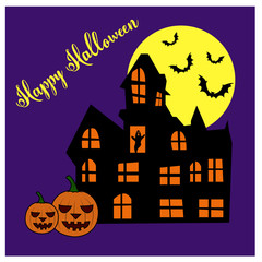 Haunted Haus vector with ghost in a window, pumpkin, yellow moon and bats Happy Halloween postcard on dark background