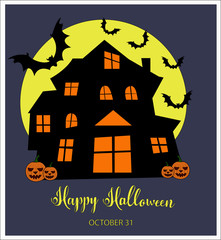 Haunted Haus vector with ghost in a window, pumpkin, yellow moon and bats Happy Halloween postcard on dark background