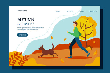 Man running with the dog in the Park. Conceptual illustration of outdoor recreation, active pastime. Autumn vector illustration in flat style.