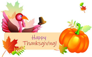 Pumpkin, turkey with a hat, autumn leaves and place for text. Vector drawing for greeting card with the inscription Happy thanksgiving!