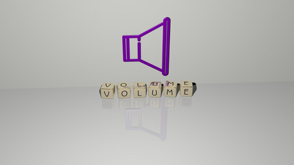 volume text of cubic dice letters on the floor and 3D icon on the wall, 3D illustration