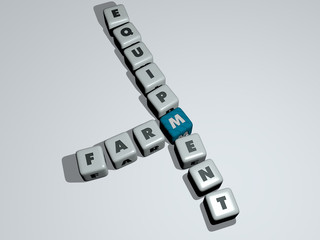 FARM EQUIPMENT crossword by cubic dice letters, 3D illustration