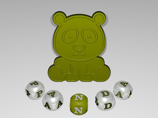 panda round text of cubic letters around 3D icon, 3D illustration
