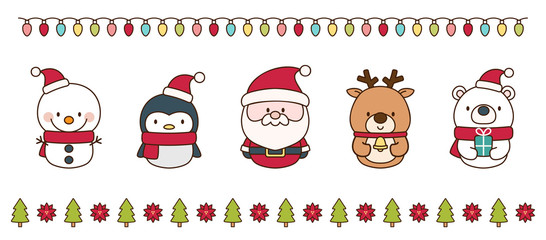 Cute Christmas characters and decorative border elements on white background.  Isolated vector illustrations.