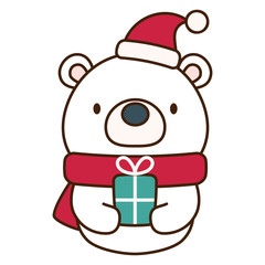 Cute polar bear character wearing Santa hat and scarf, holding a gift box.