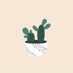 Cactus iin ceramic flowerpot. Houseplant isolated. Trendy hugge style, urban jungle decor, gift. Hand drawn sketch, naive art. Print, poster, wallpaper. Logo, label. Green, brown, pink pastel colors