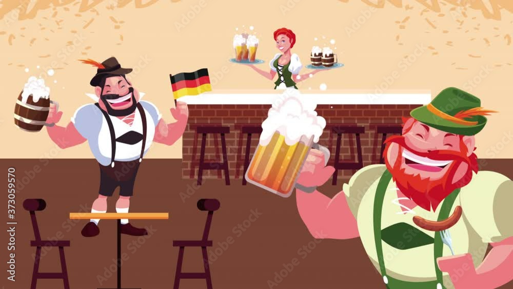 Canvas Prints oktoberfest celebration animation with german men drunks drinking beers in bar